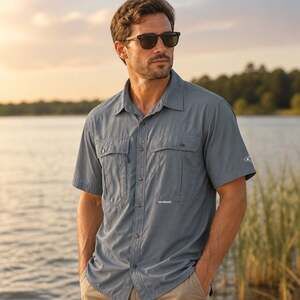 Drake Clothing Company Men's Gray Short Sleeve Button-Up Fishing Shirt XL